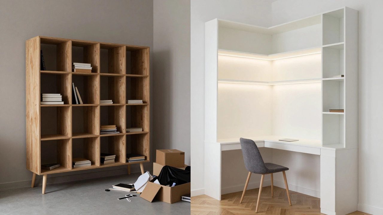 Contrast between cluttered freestanding shelf and sleek built-in workspace