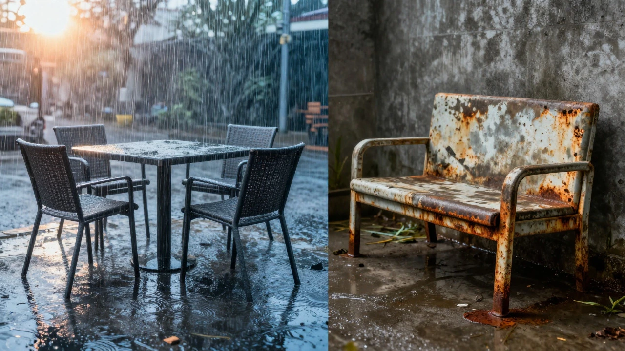 Contrast between durable outdoor furniture and weather-damaged pieces