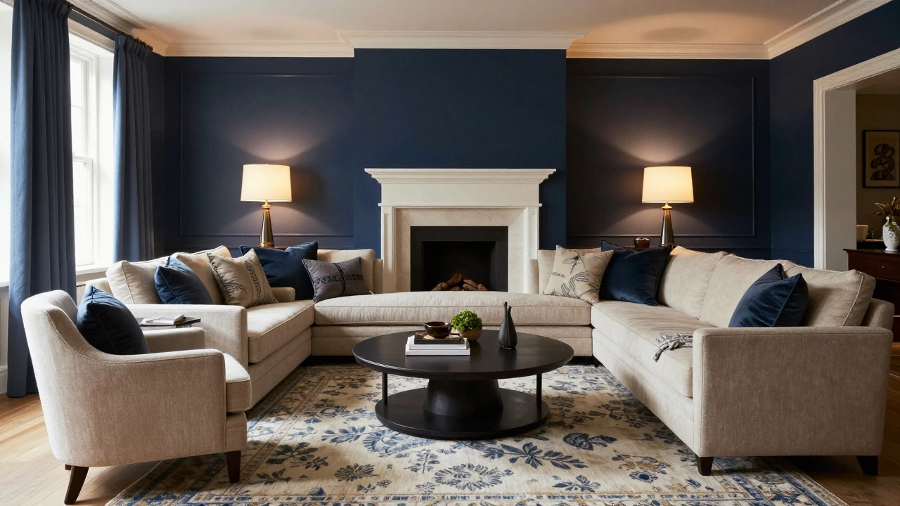 Cozy living room with central sofa facing fireplace