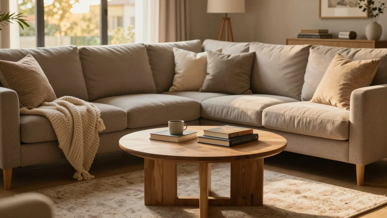 Cozy living room with sectional sofa and round coffee table