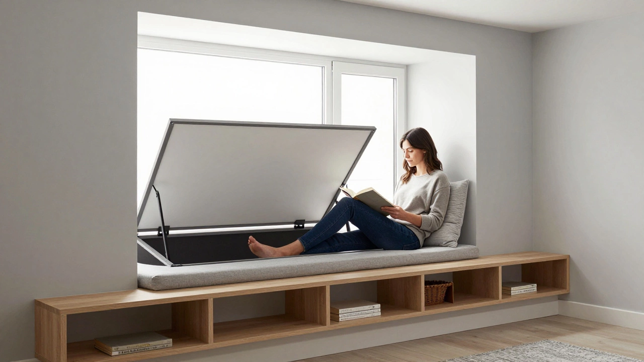 Cozy reading nook with built-in window seat storage and floating shelves