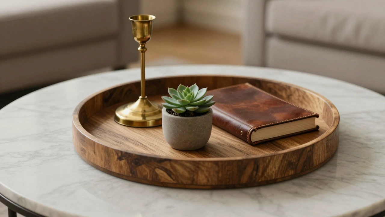 Distressed wood tray on marble table with mixed decor items
