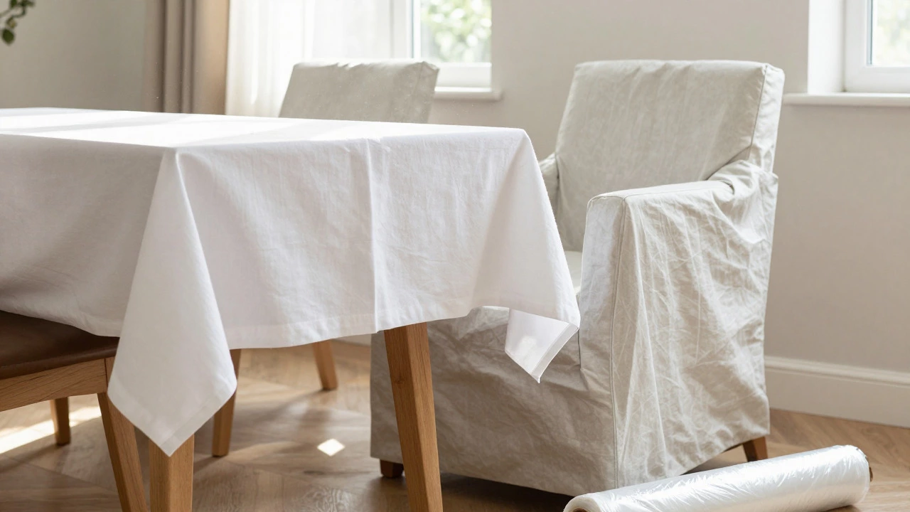 Furniture safely stored under breathable cotton covers