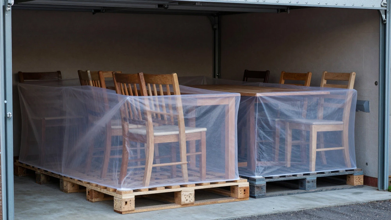Garden furniture stored indoors on pallets under breathable covers