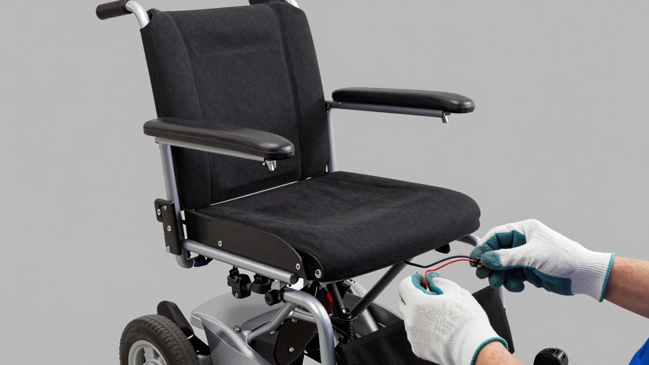 Hands inspecting internal wiring of electric recliner