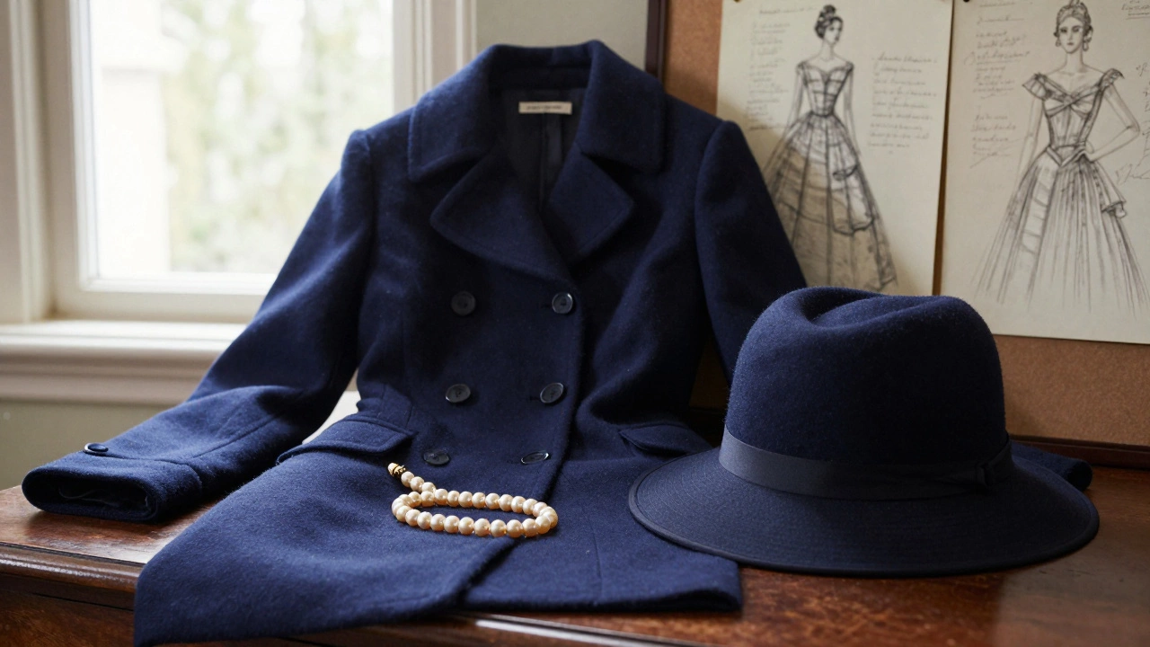 Iconic royal coat, hat, and pearls displayed as historical artifacts.