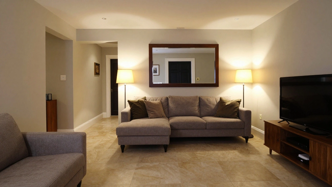 Living room with floated sofa and mirror reflecting entryway