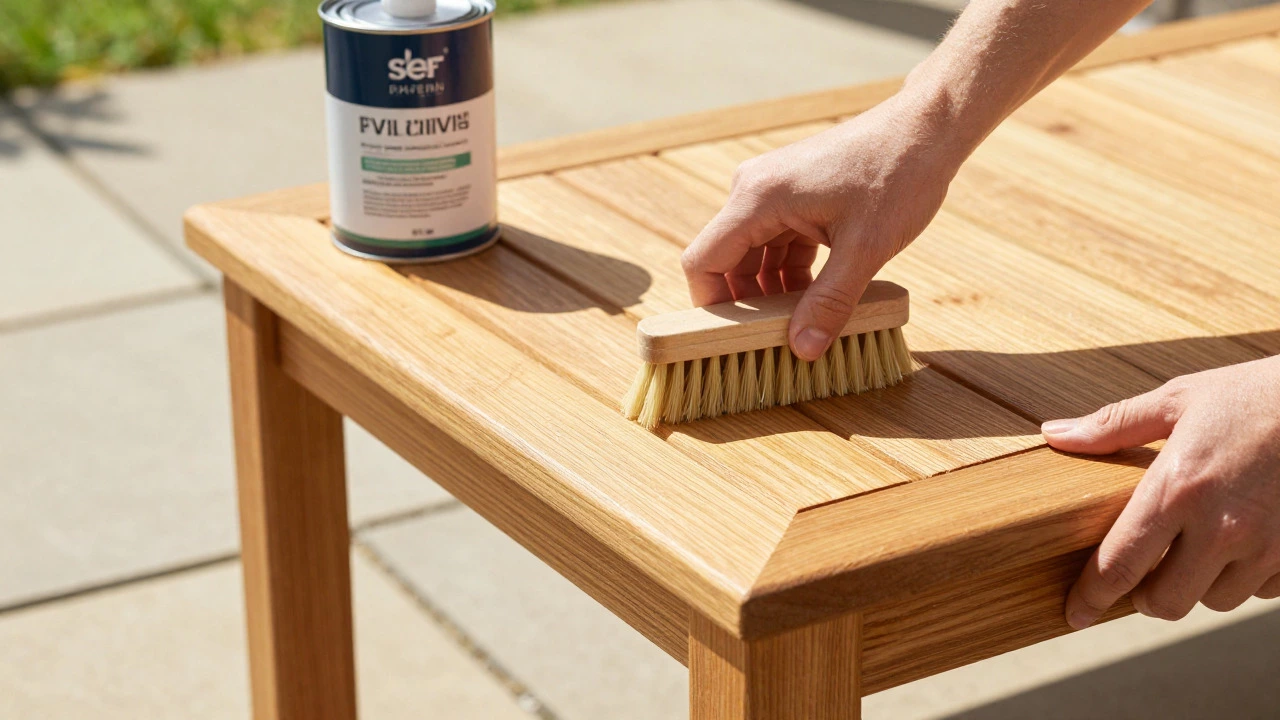 Person applying protective oil to clean teak garden furniture