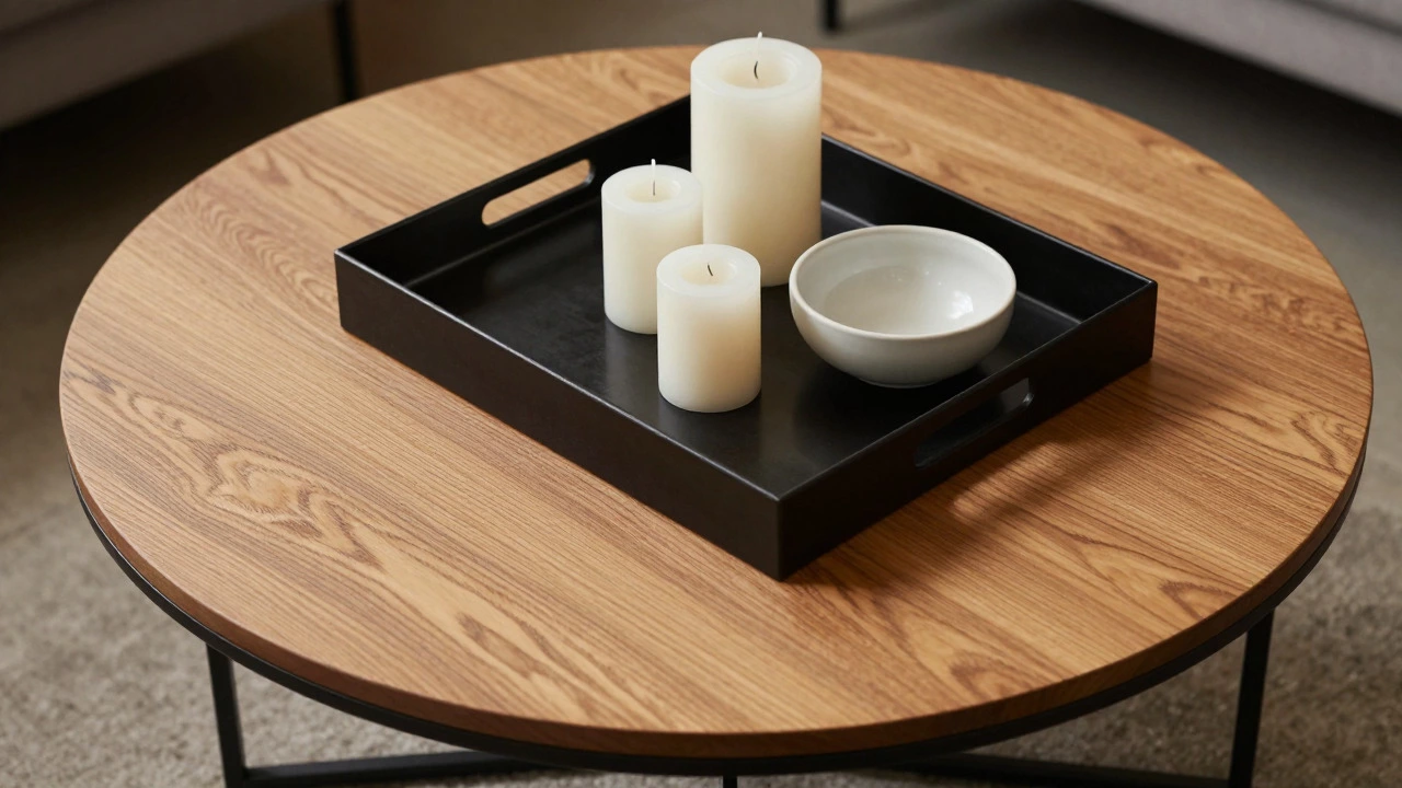 Rectangular metal tray on round wooden table with candles