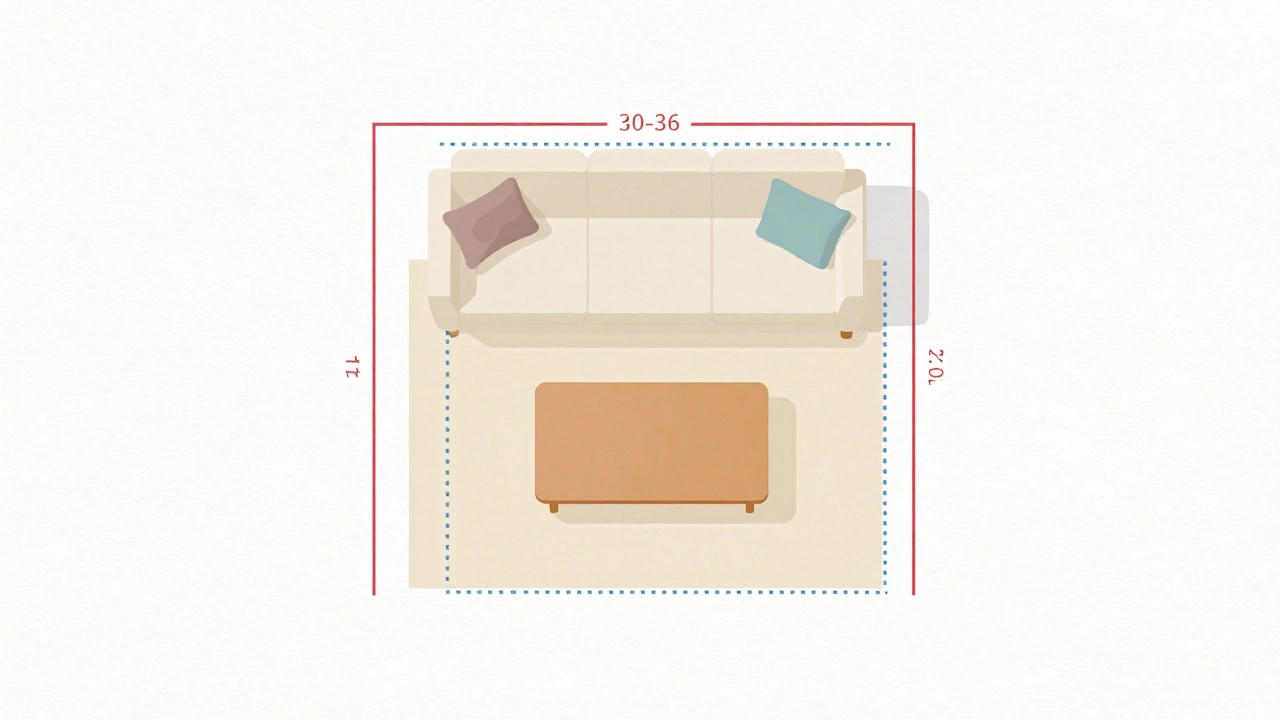 Top-down diagram of living room furniture spacing and walkways