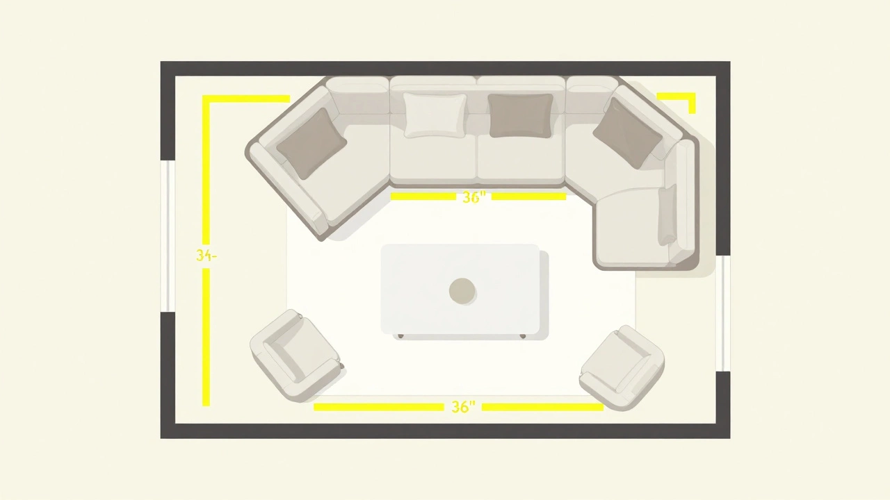 Top-down diagram showing sofa placement and walkways