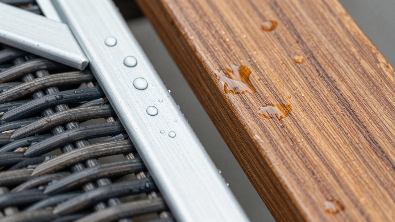 Water beading on powder-coated aluminum and teak wood surfaces