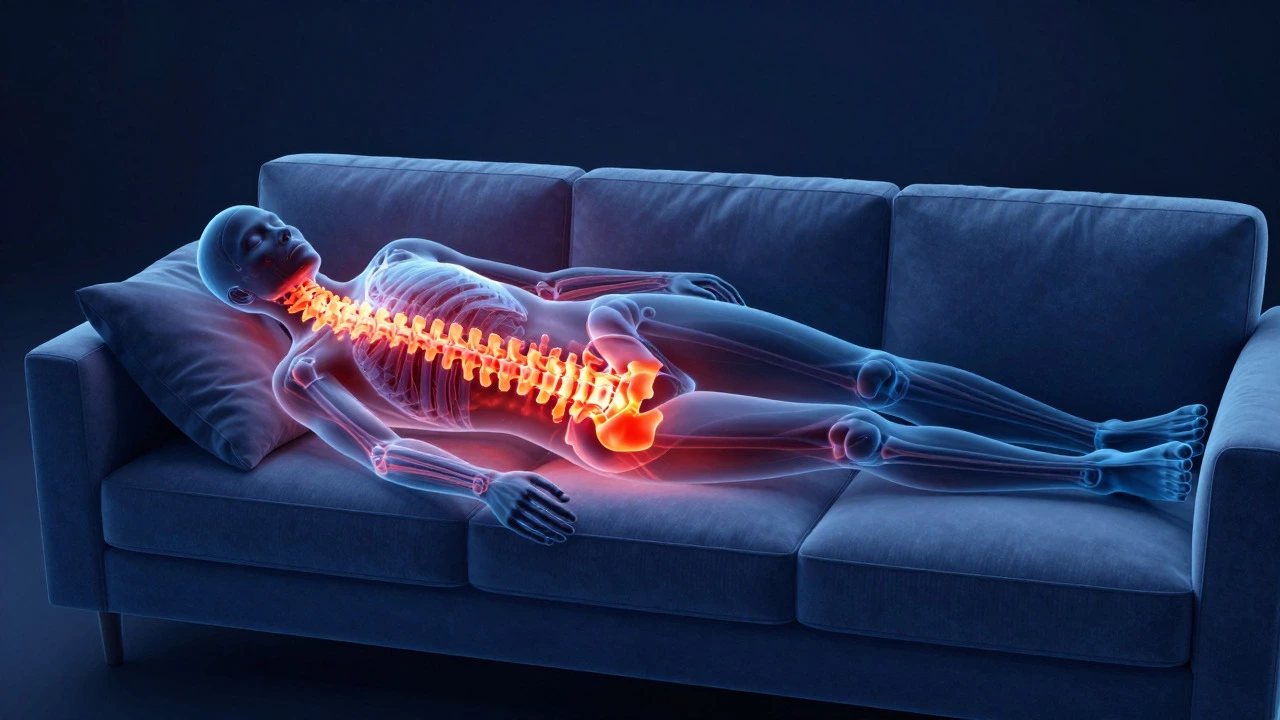 Anatomical illustration of spinal misalignment on a couch