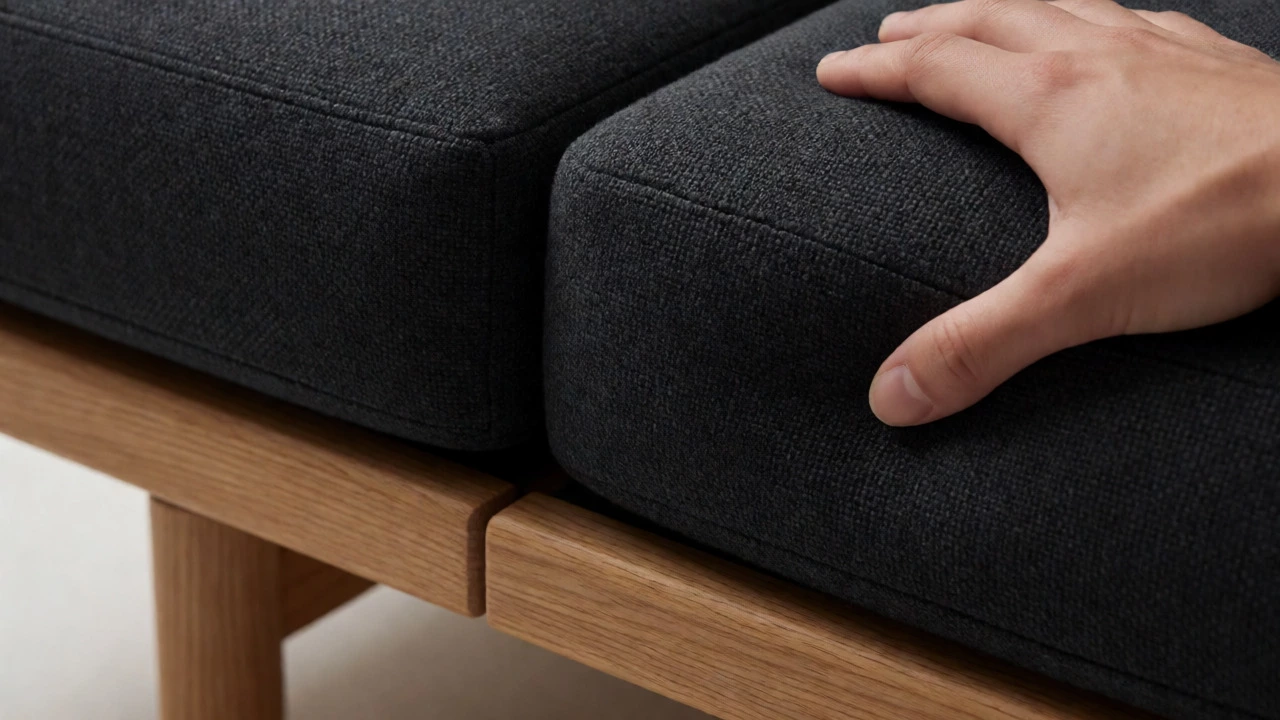 Close-up of a high-quality sofa frame and resilient foam cushion being tested for durability.