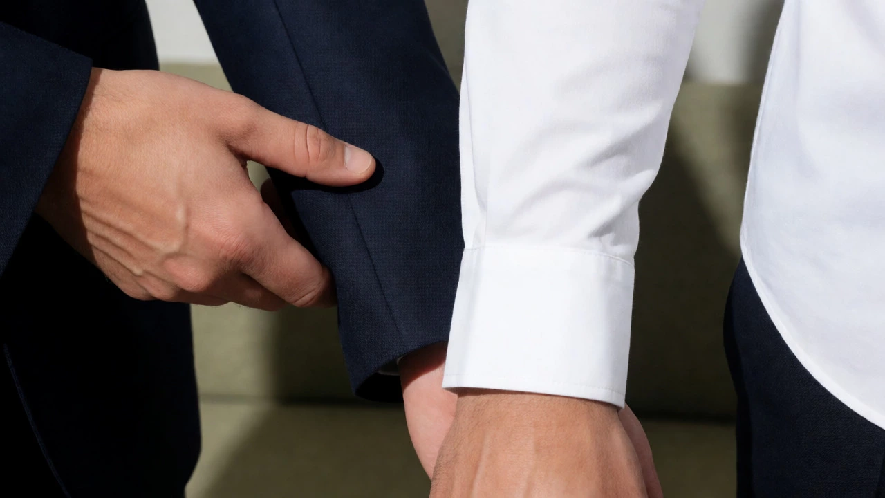 Close-up of tailored wool blazer and cotton shirt cuff showing fit