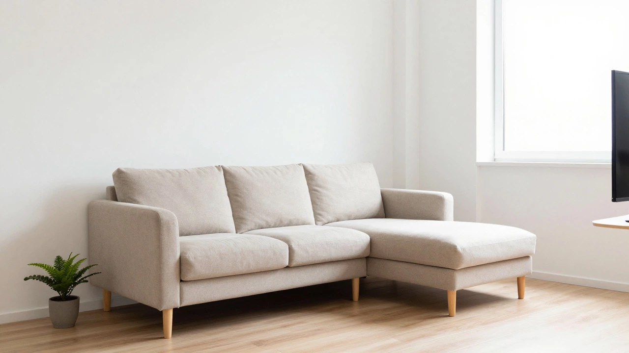 Compact beige corner sofa with exposed legs in a bright, small apartment.