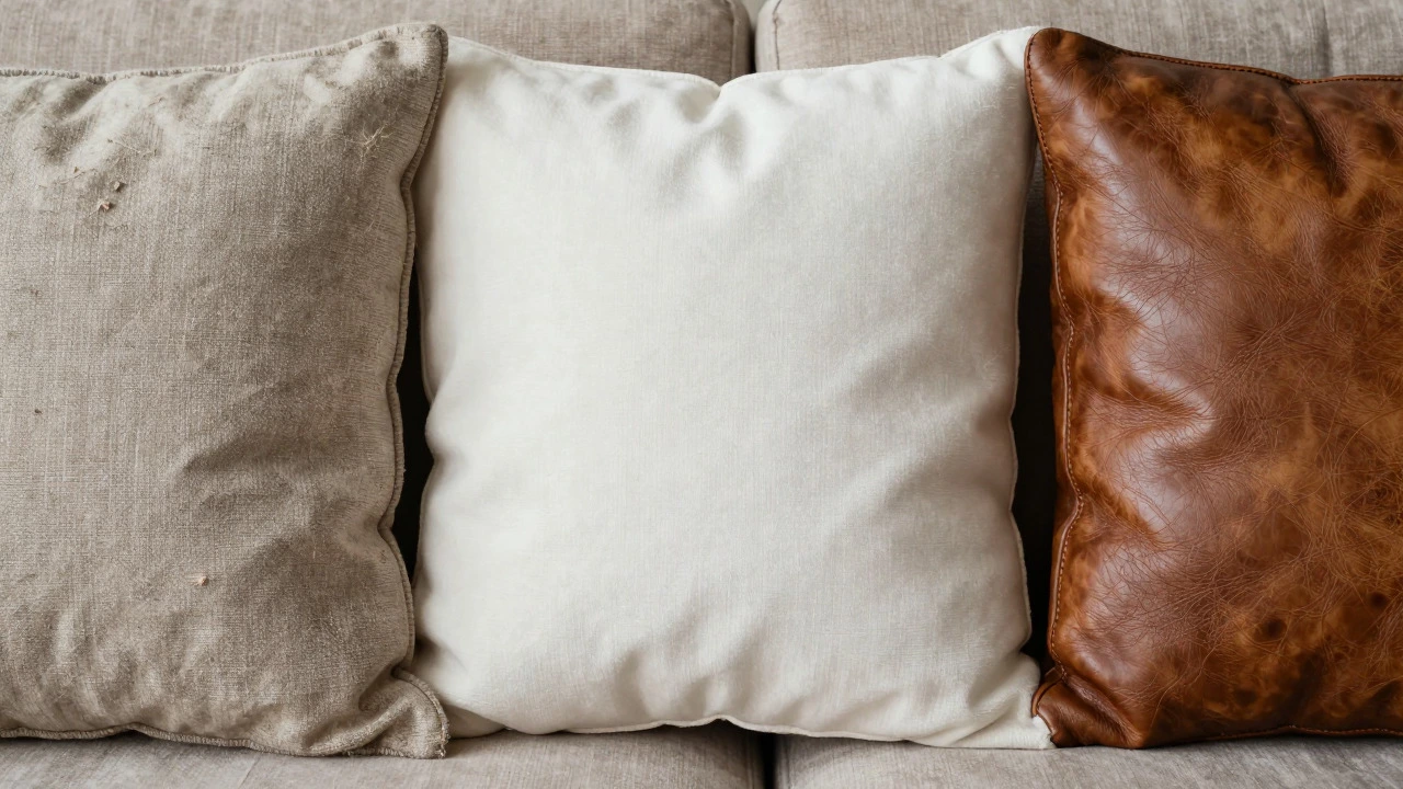 Comparison of linen, microfiber, and leather sofa cushion textures