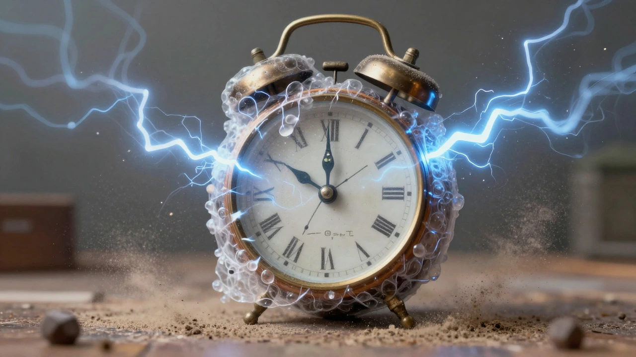 Conceptual art of static electricity attracting dust to a clock wrapped in plastic
