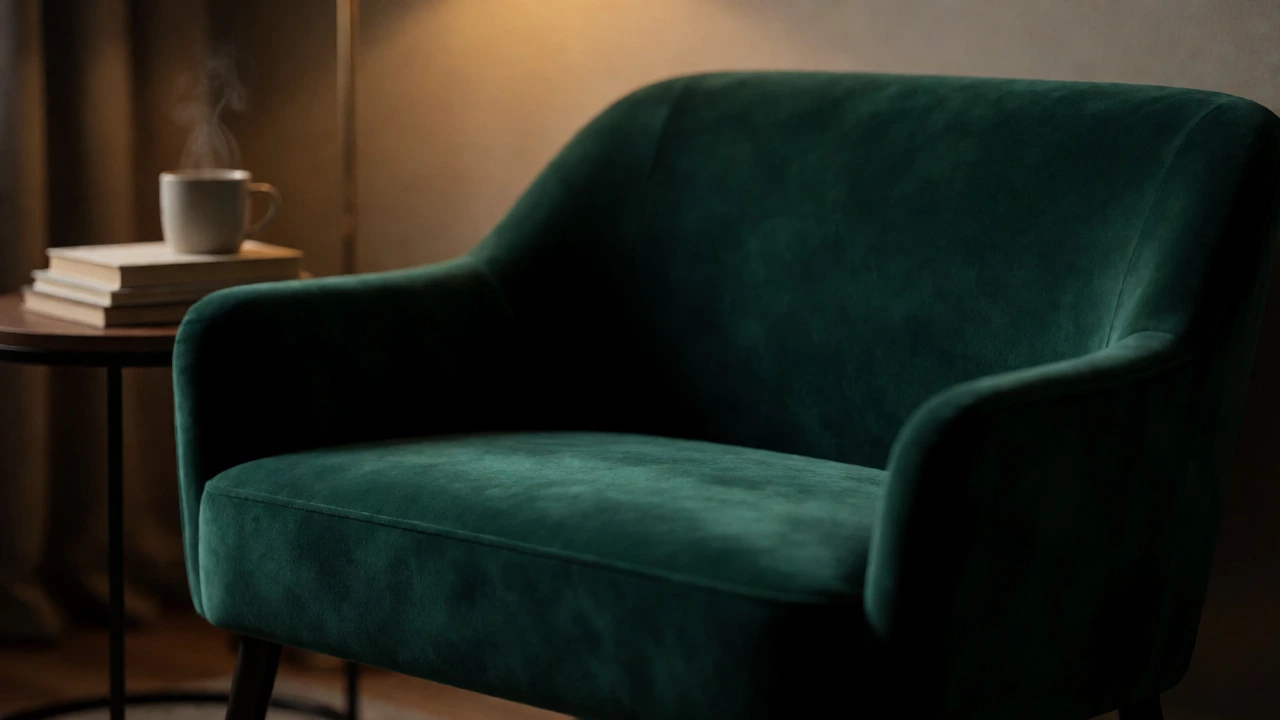 Cozy emerald velvet loveseat in a dimly lit reading corner with books and tea.