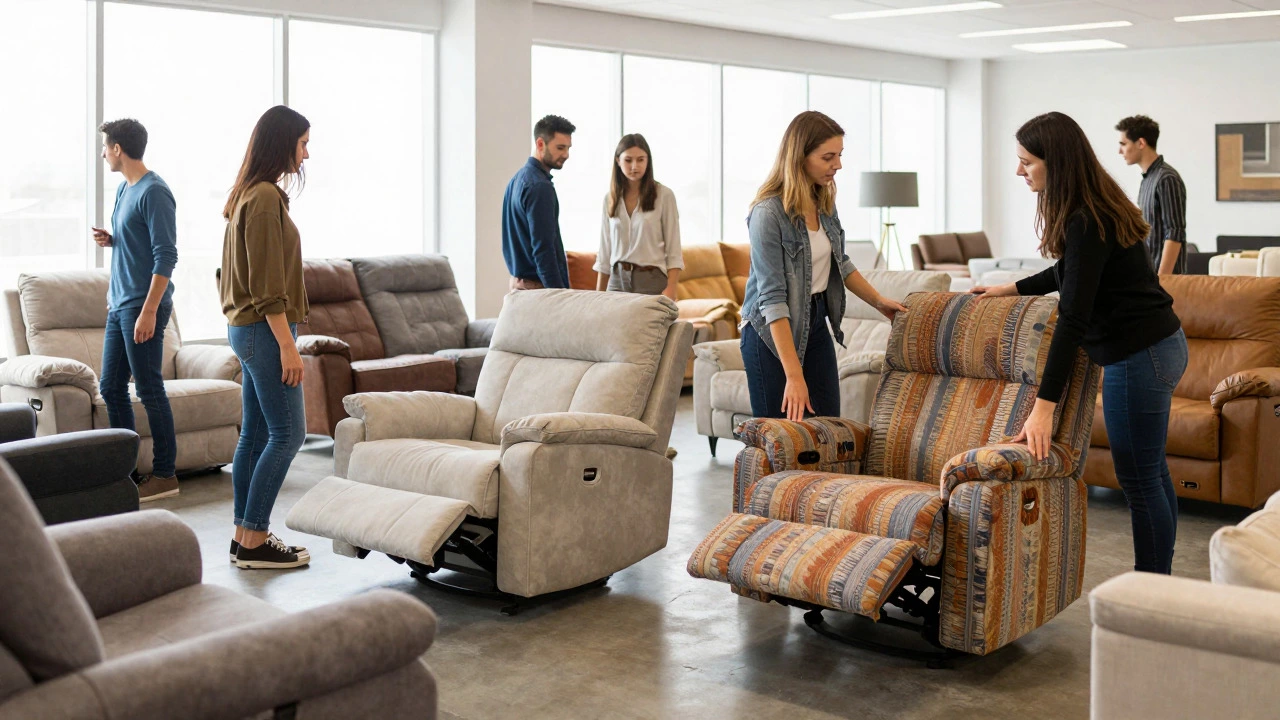 Customers browsing various recliner styles in a bright furniture showroom