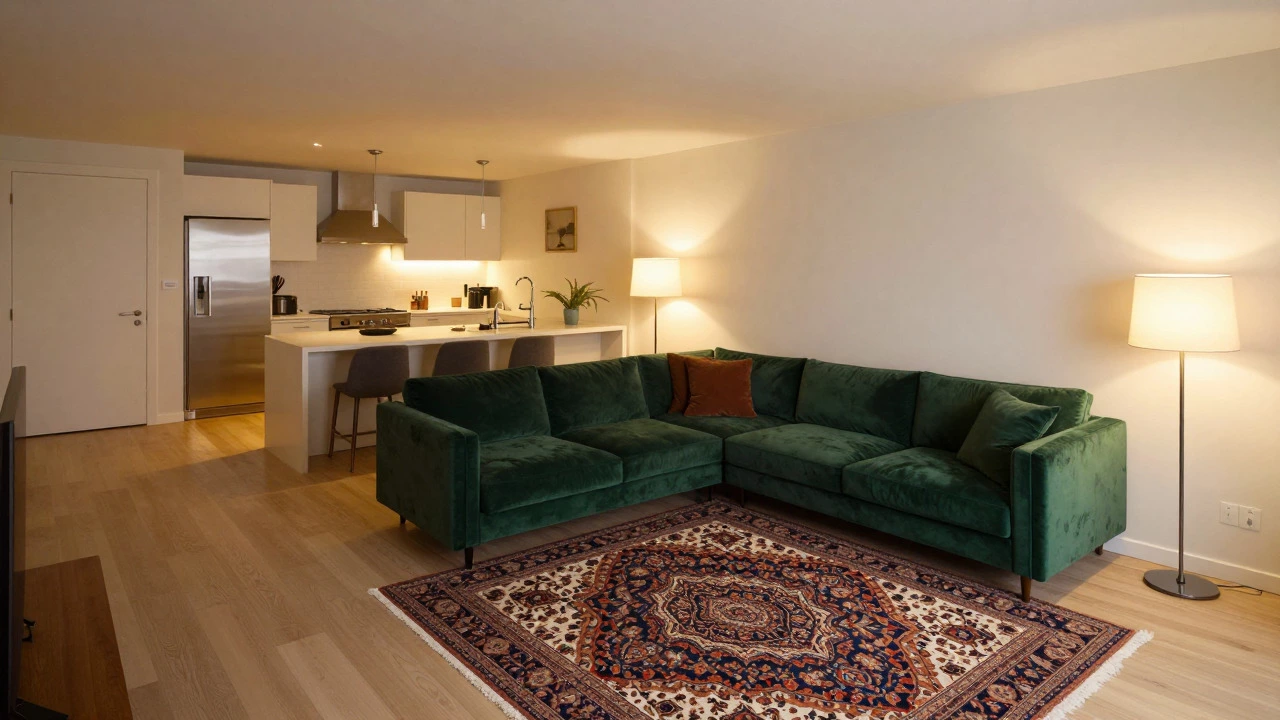 Green floating corner sofa dividing an open-plan living and kitchen space.