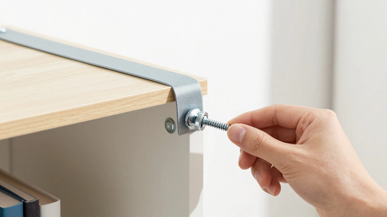 Hand tightening a metal anti-tip strap connecting a bookcase to a wall stud