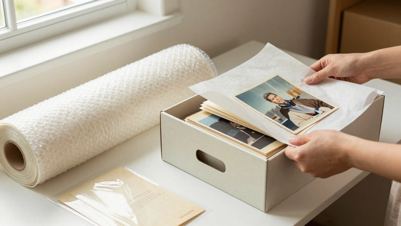 Hands wrapping photos in acid-free tissue paper for archival storage