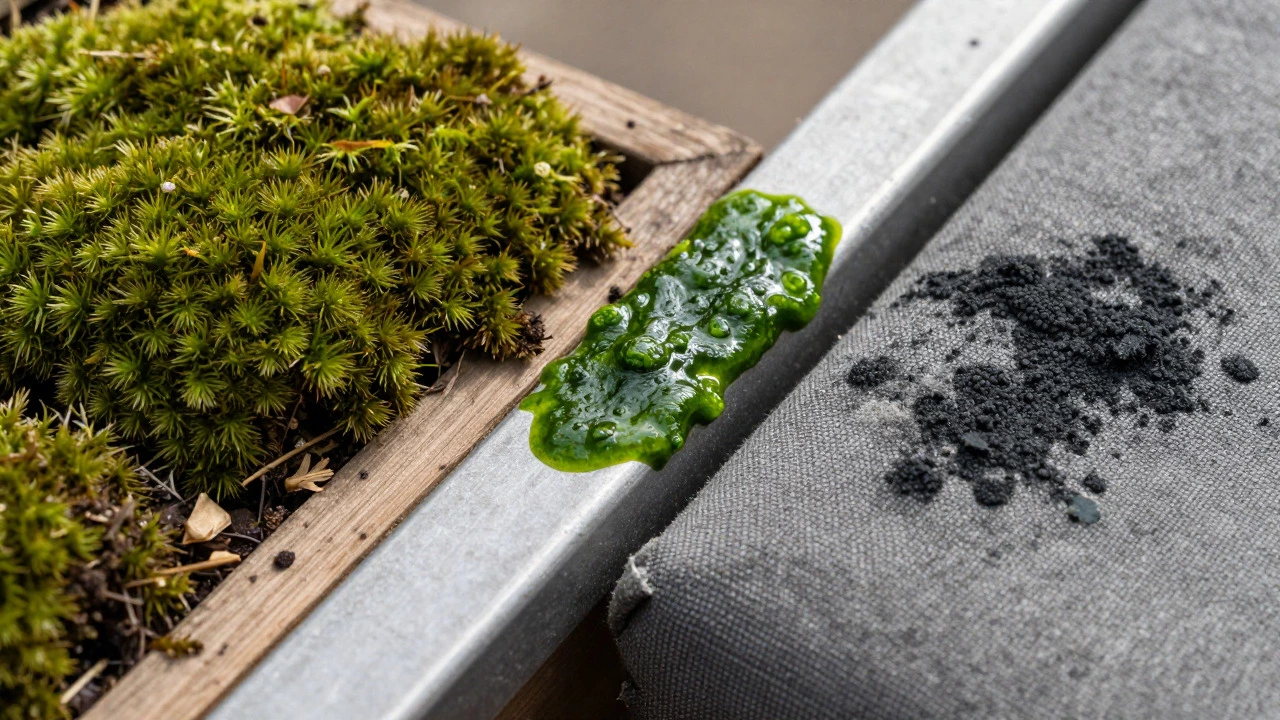 Macro view comparing moss, algae, and mold textures on outdoor furniture