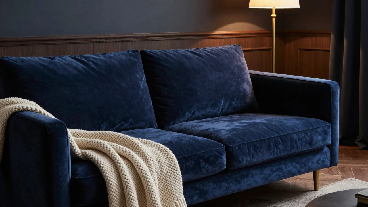 Navy blue velvet sofa in a moody, elegant living space