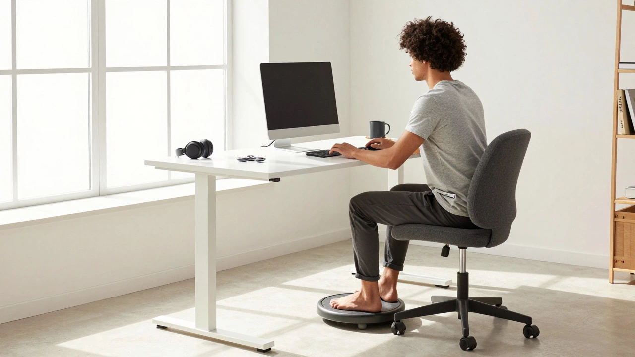 Neuro-inclusive workspace with standing desk and fidget tools