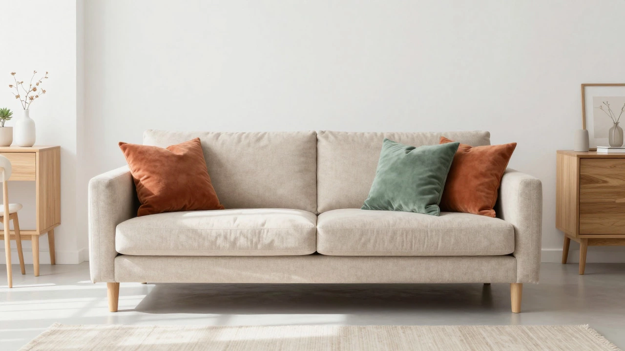 Oatmeal boucle sofa with colorful cushions in bright room
