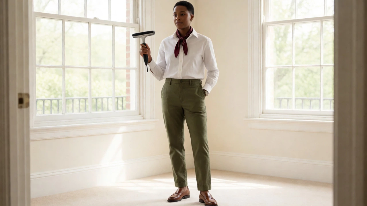 Person in neutral classy outfit holding a garment steamer
