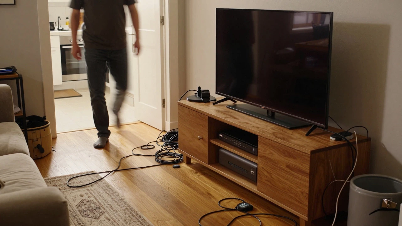 Person navigating around a bulky TV console blocking the walkway