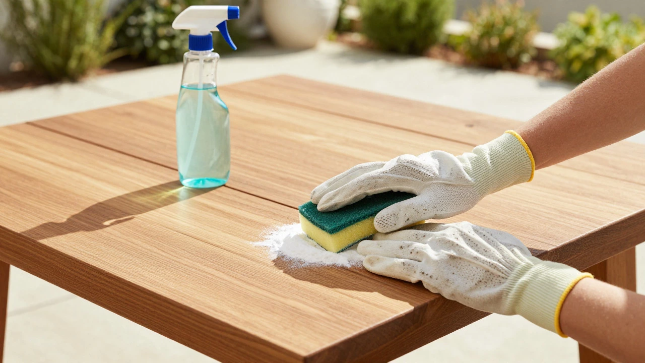 Person safely cleaning teak wood patio table with baking soda and sponge