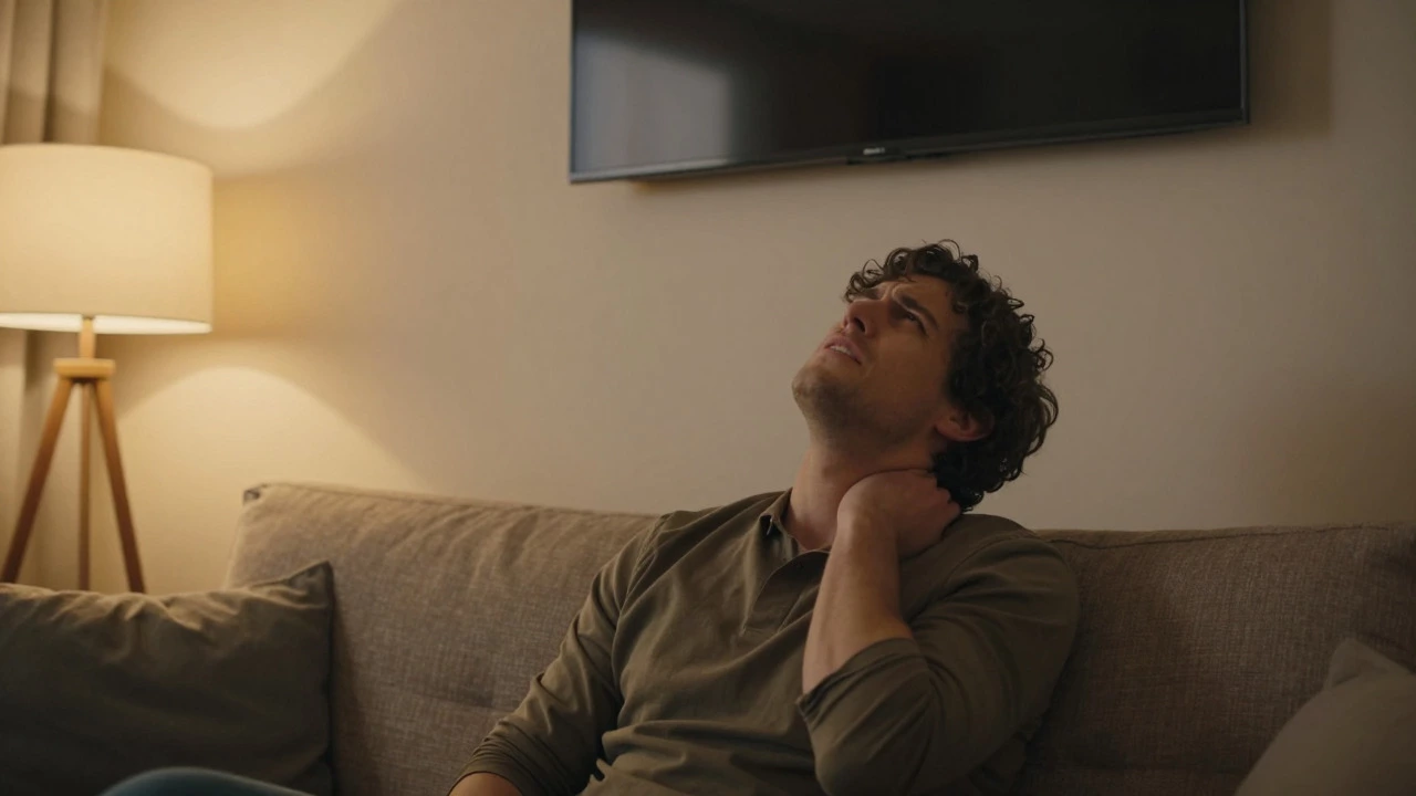 Person straining neck to watch TV mounted too high