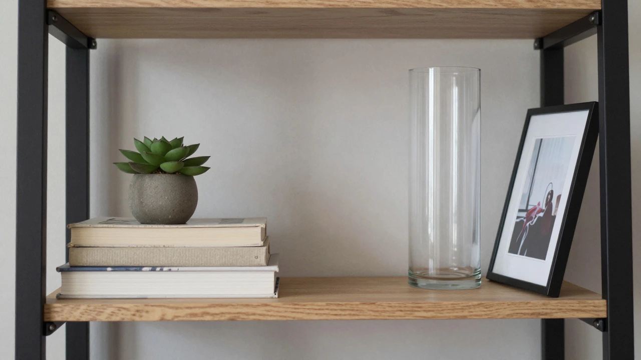 Styled bookshelf showing rule of three, negative space, and mixed textures