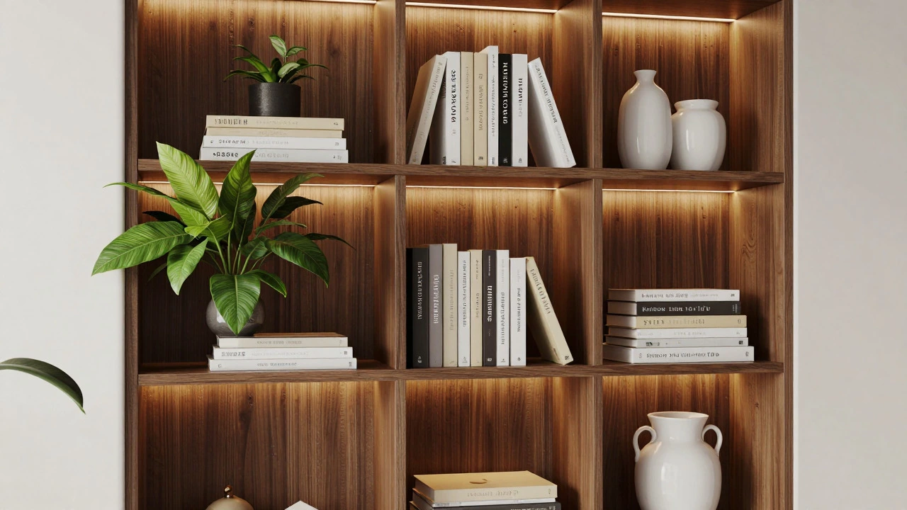 Well-lit bookcase corner with sparse styling, varied heights, and integrated lighting