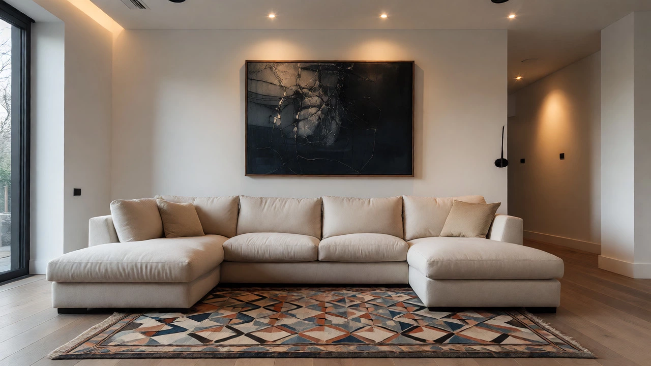 Beige corner sofa with artwork and patterned rug in white room