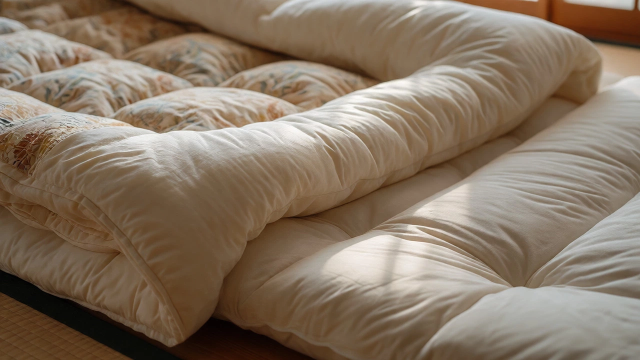 Close-up of a quilted kakebuton comforter draped over bedding, highlighting its texture and warmth.