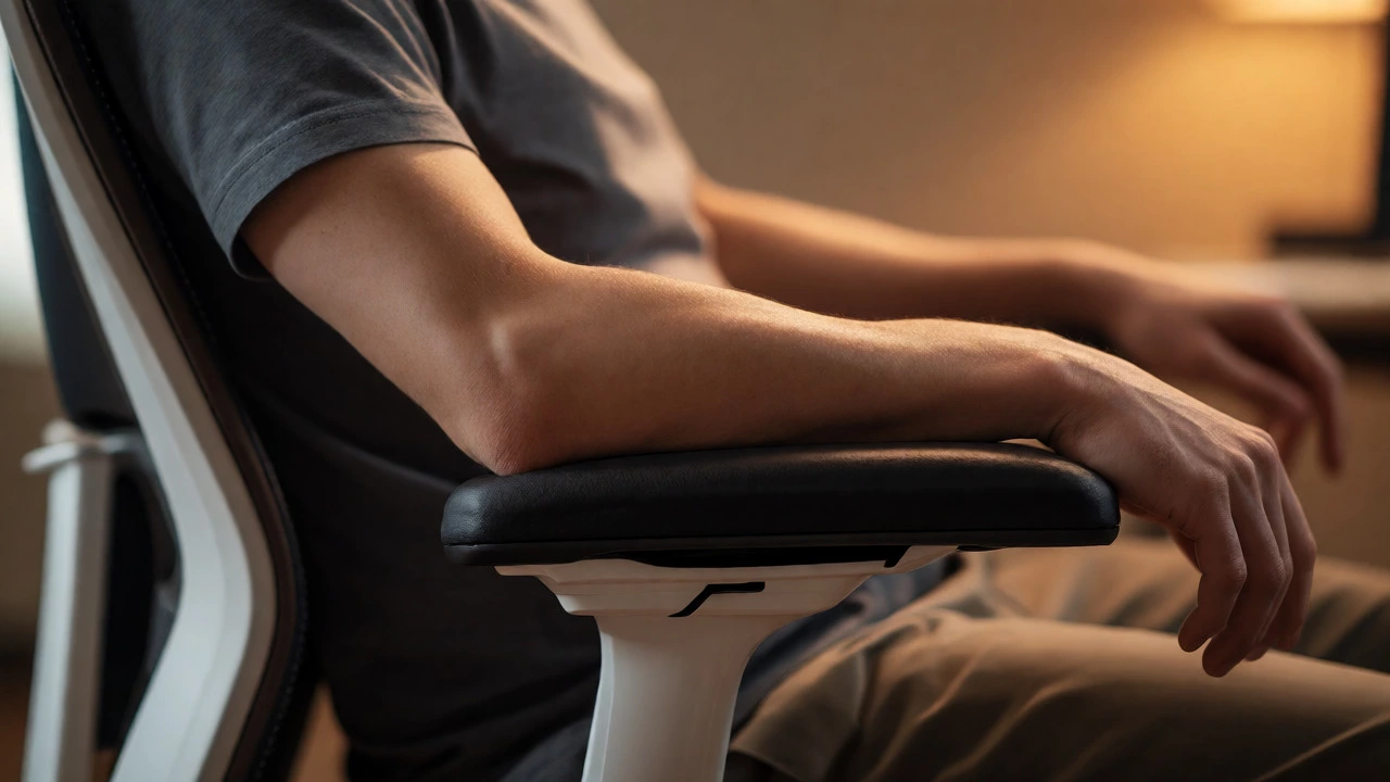 Close-up of relaxed shoulders resting on adjustable padded armrests