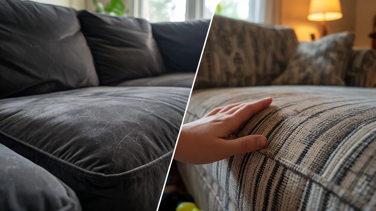 Comparison of gray and patterned sofa fabrics