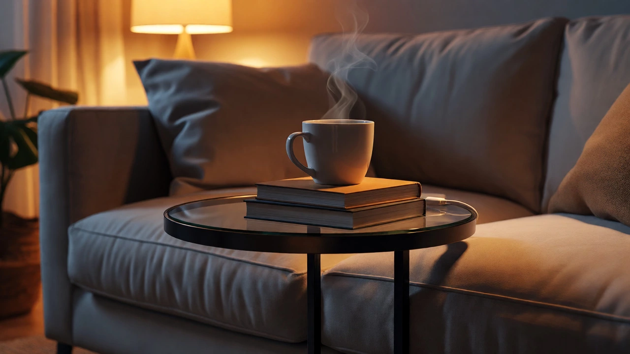 End table with tea and books level with sofa armrest
