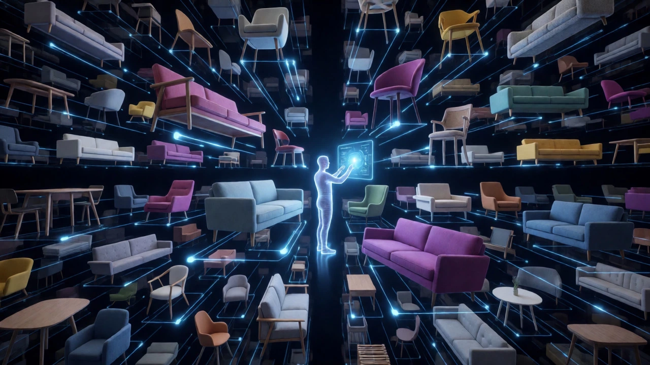 Floating furniture pieces connected by glowing digital data streams in a virtual space.