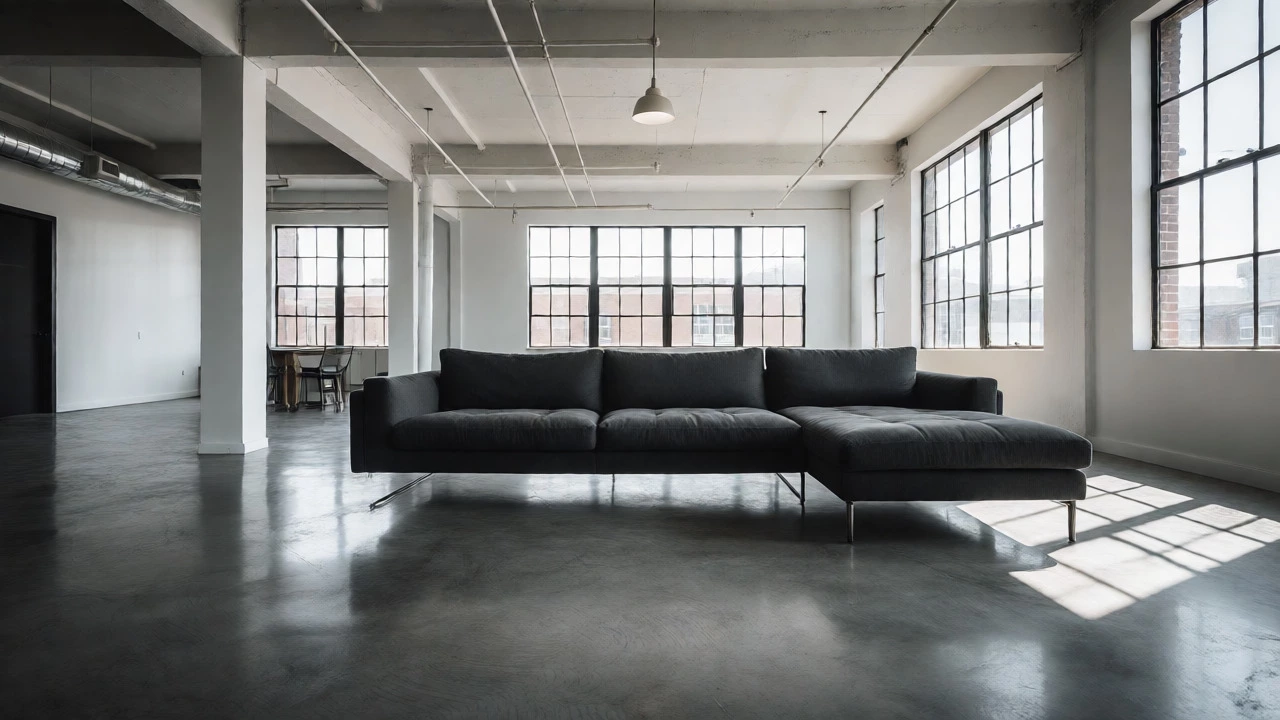Floating sectional sofa in an open-plan loft
