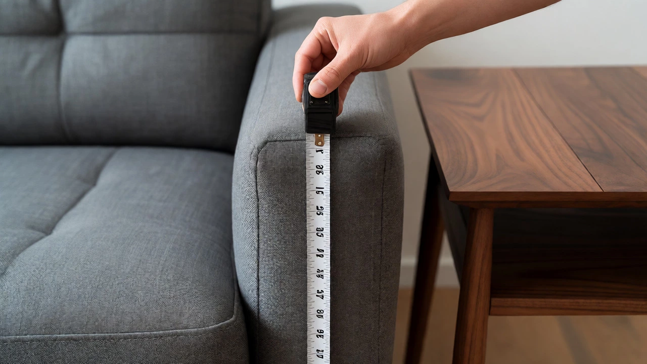 Hand measuring sofa armrest height next to end table