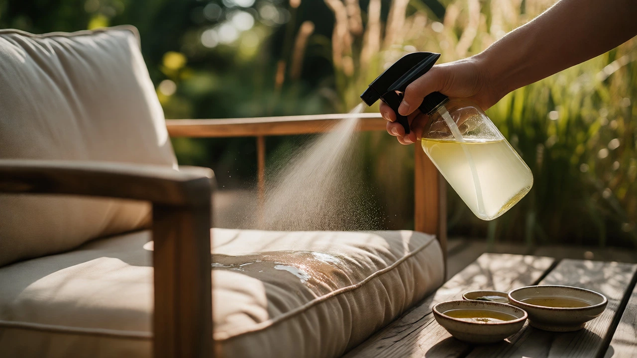 Hand spraying peppermint oil solution onto outdoor cushion fabric