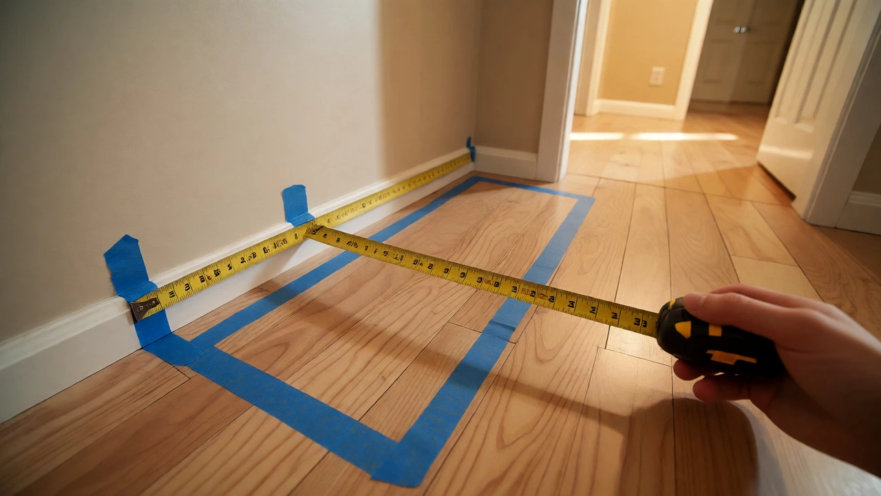 Hand using tape measure to check wall dimensions for corner sofa placement
