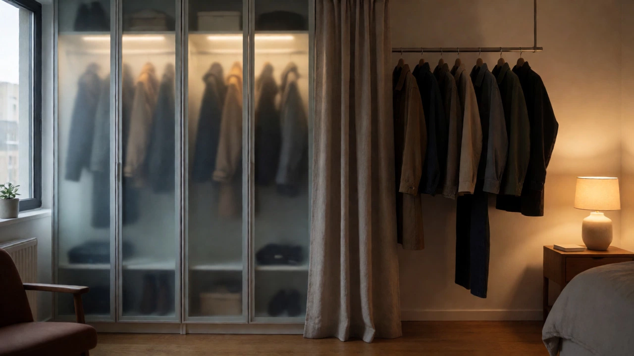 Hybrid wardrobe design combining frosted glass cabinets and open rails