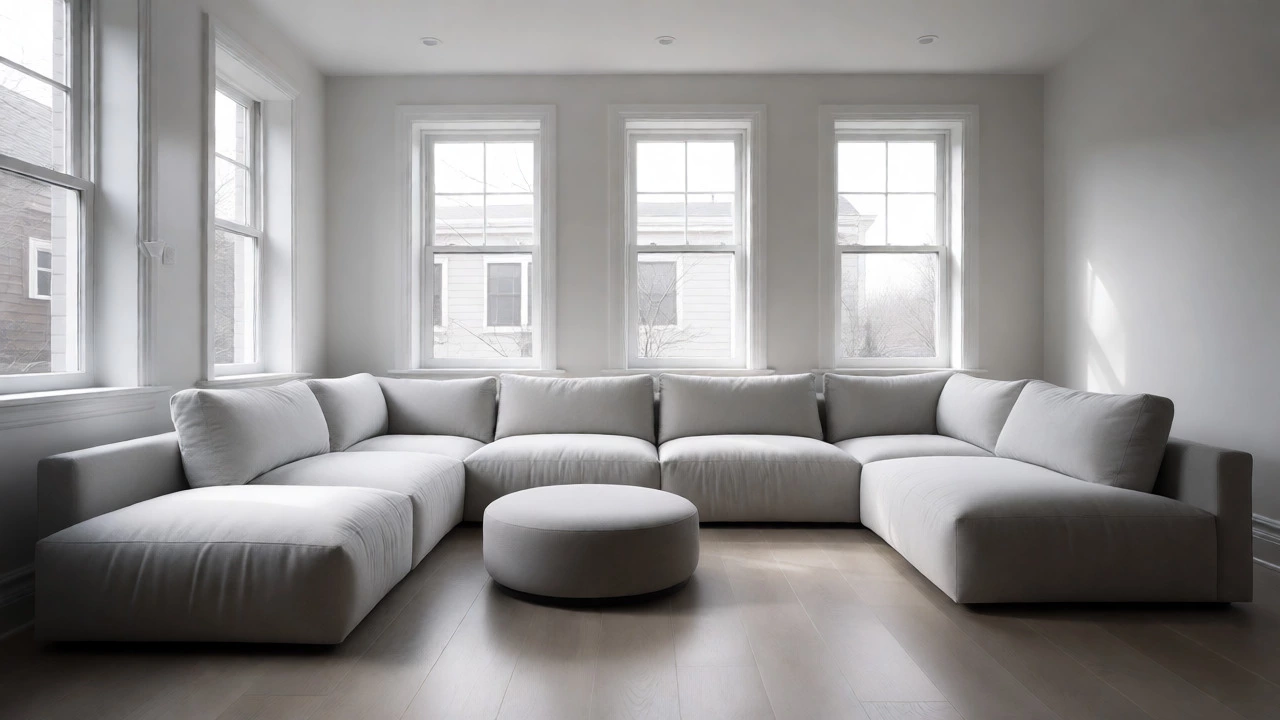 Low-profile modular sectional in a bright, narrow living room with ottoman