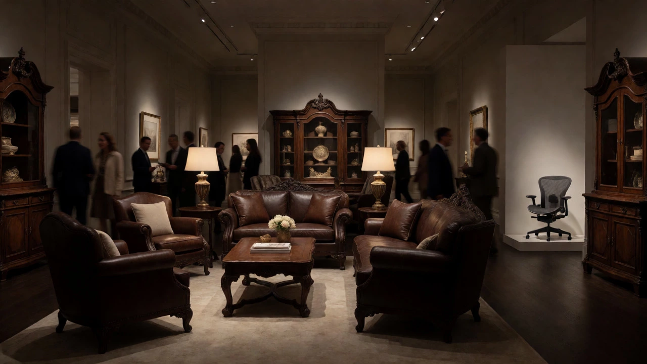 Luxury wooden and leather furniture displayed in a dimly lit, museum-style gallery.